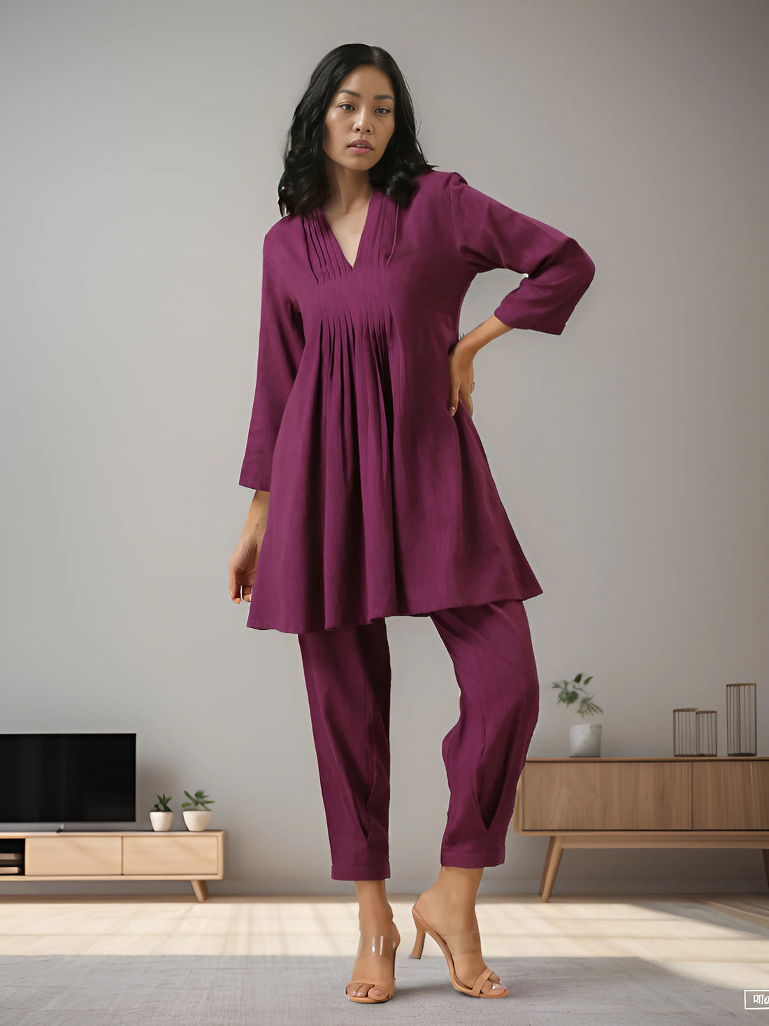 Plum Purple Rayon Slub Texture Pleated Co-Ord Set