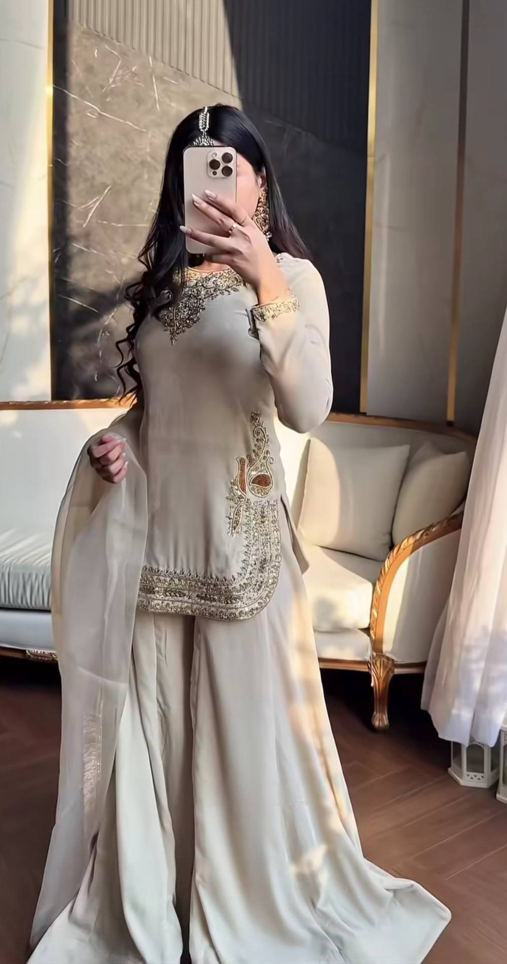 Royal Satin Silk Heavy Bead & Sequin Embroidered Sharara Set with Organza Dupatta