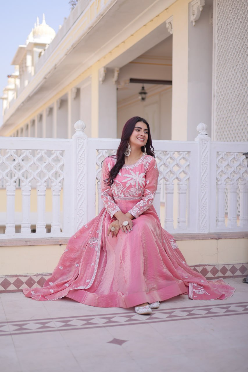 Festive Special Fendi Satin Ready-Made Gown with Dupatta