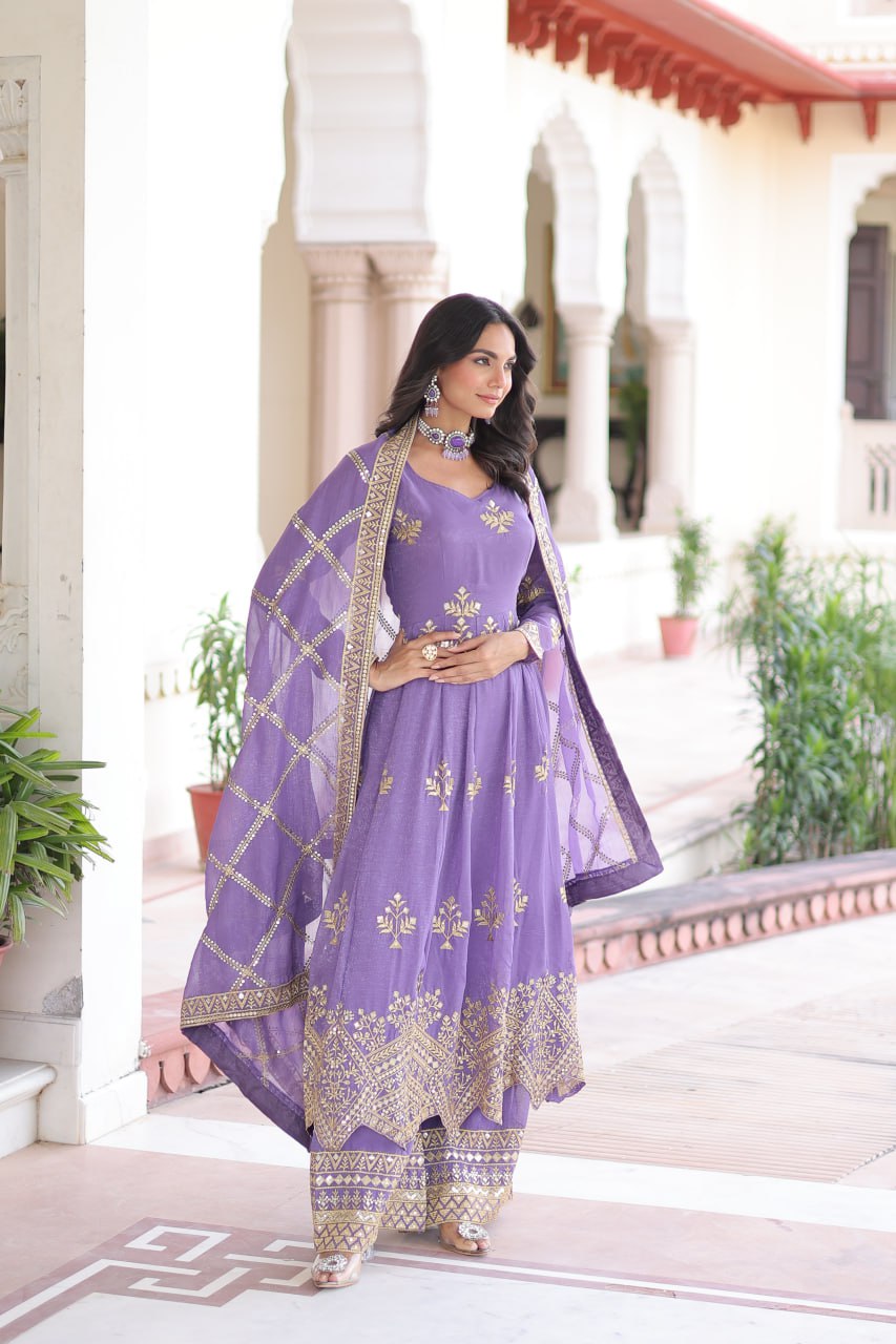 Silver Crunchy Sequins Embroidered Gown Pant Dupatta Set for Women