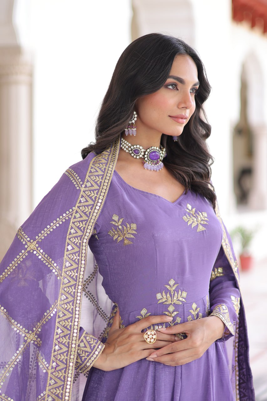 Silver Crunchy Sequins Embroidered Gown Pant Dupatta Set for Women
