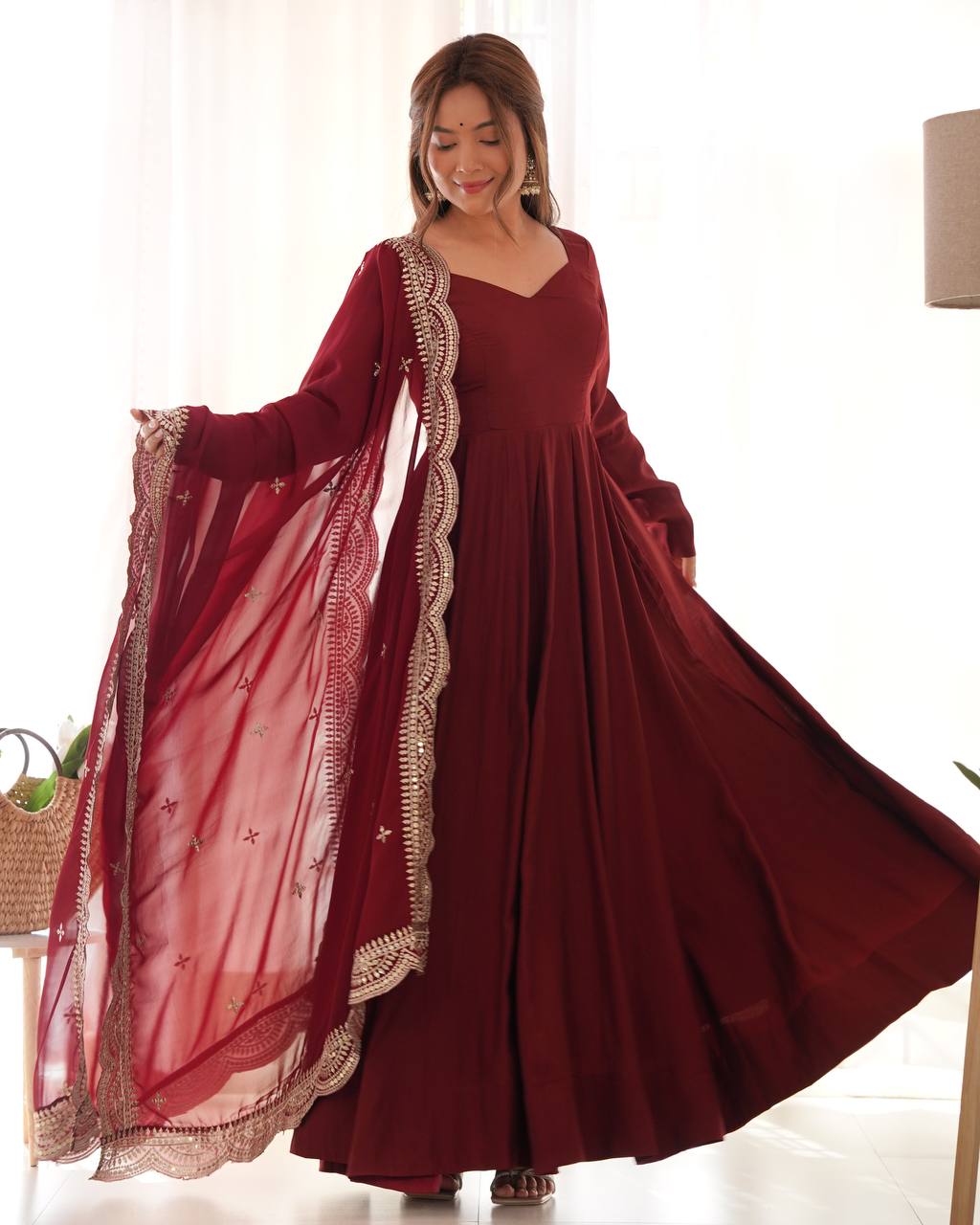 Maroon Clour Heavy Roman Silk Chanderi 16 Kali Anarkali Set
