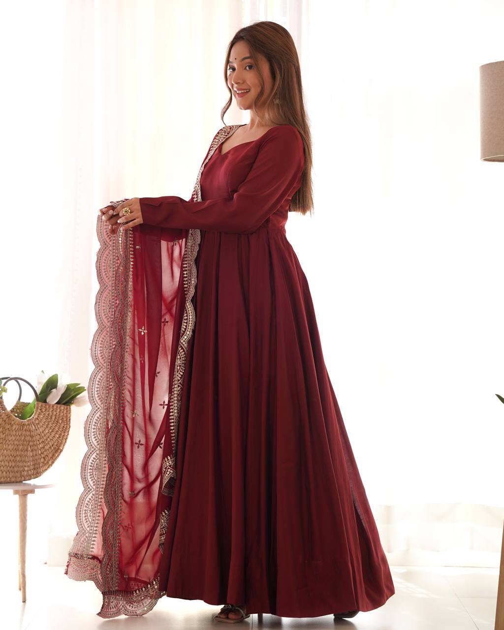 Maroon Clour Heavy Roman Silk Chanderi 16 Kali Anarkali Set
