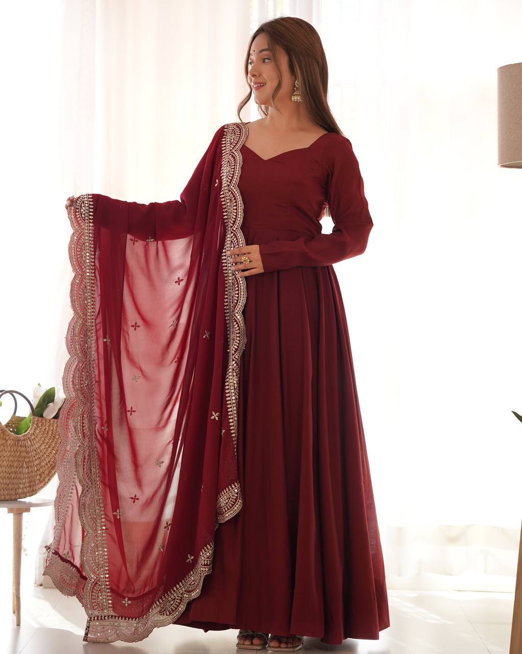 Maroon Clour Heavy Roman Silk Chanderi 16 Kali Anarkali Set
