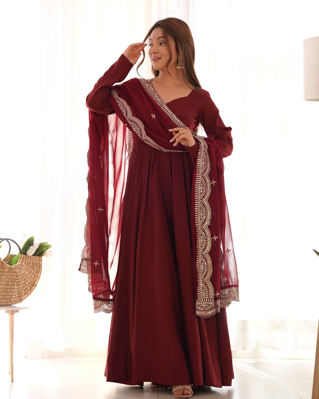 Maroon Clour Heavy Roman Silk Chanderi 16 Kali Anarkali Set