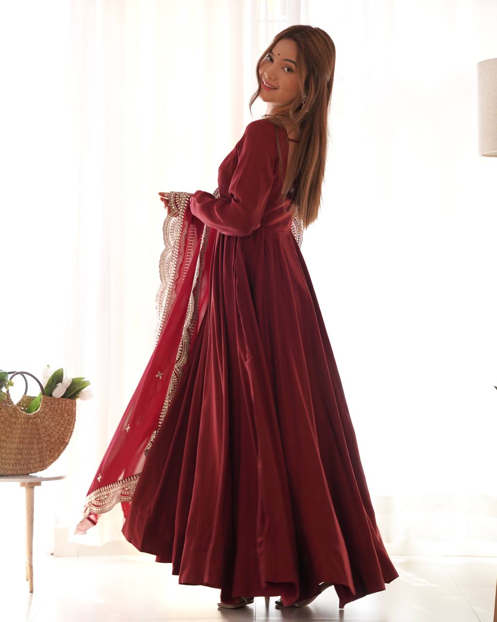 Maroon Clour Heavy Roman Silk Chanderi 16 Kali Anarkali Set