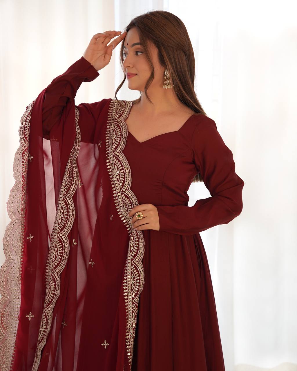 Maroon Clour Heavy Roman Silk Chanderi 16 Kali Anarkali Set