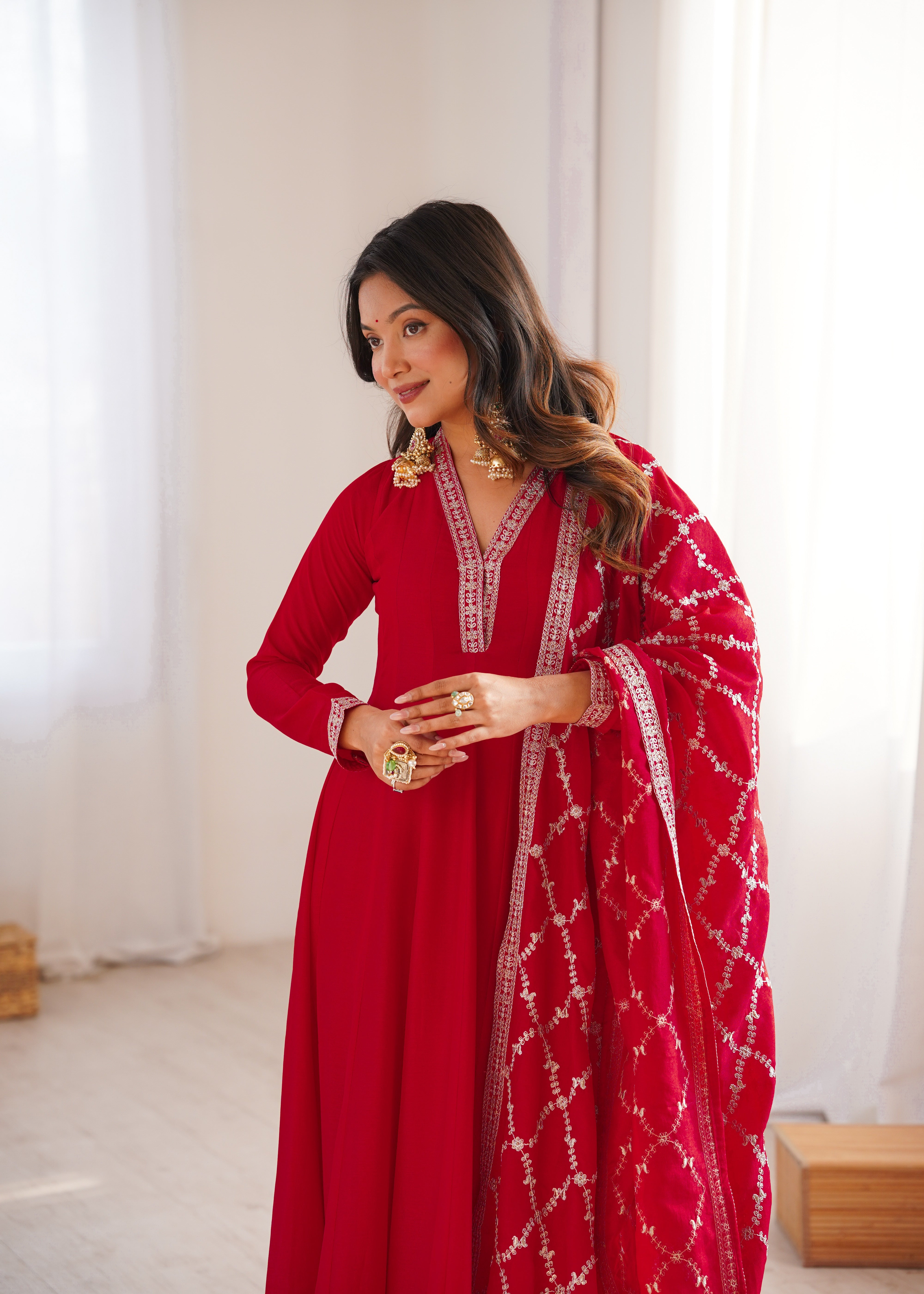 Red Colour Heavy Blooming Vichitra Silk Full Kali Anarkali Gown Set