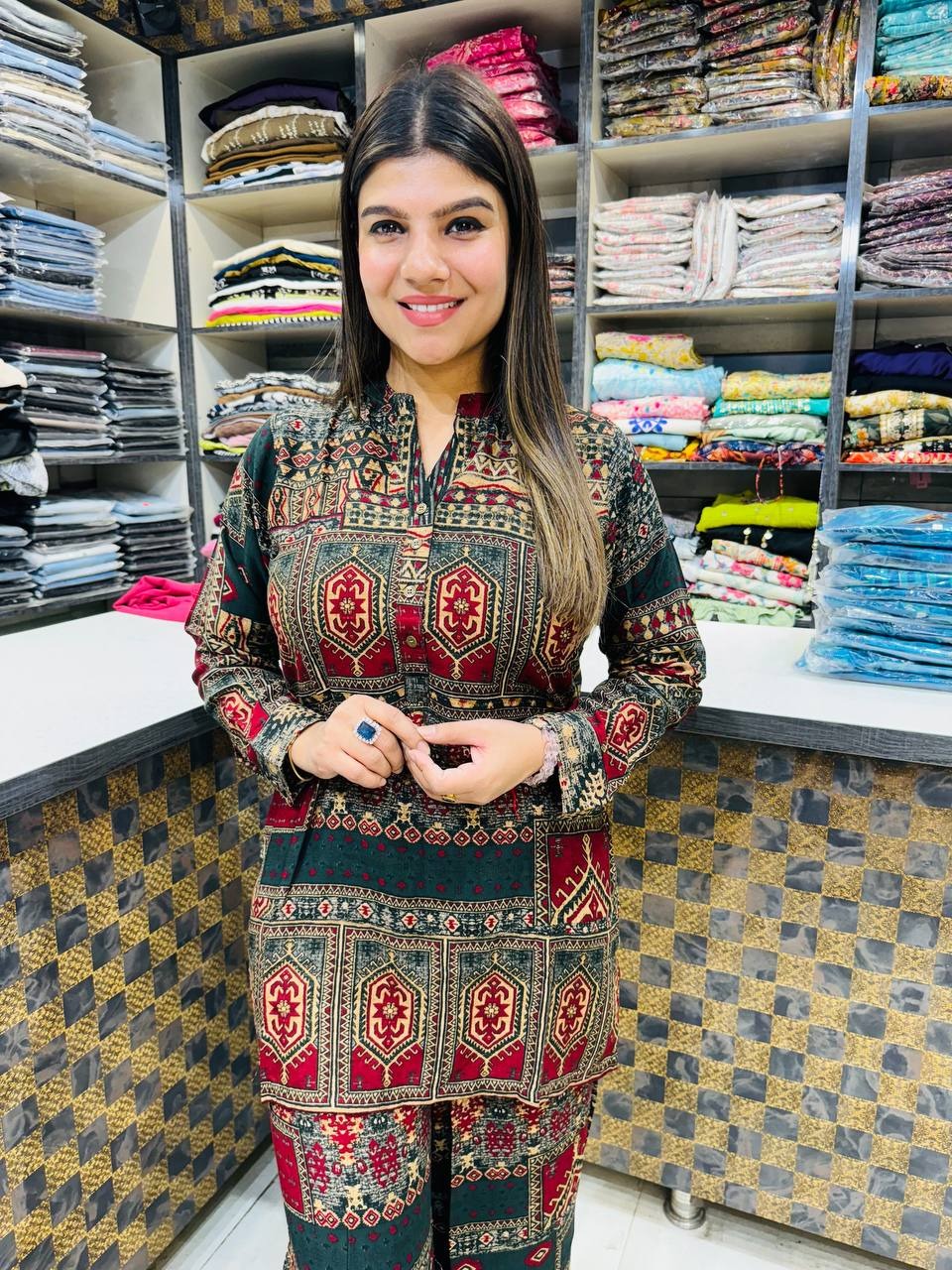 Printed Asymmetric Green And Red Rayon Co-Ord Set