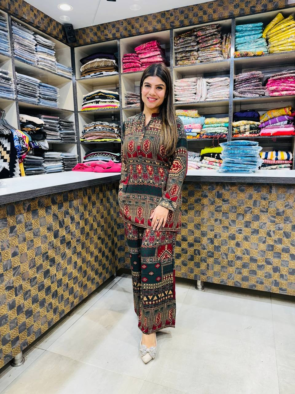 Printed Asymmetric Green And Red Rayon Co-Ord Set