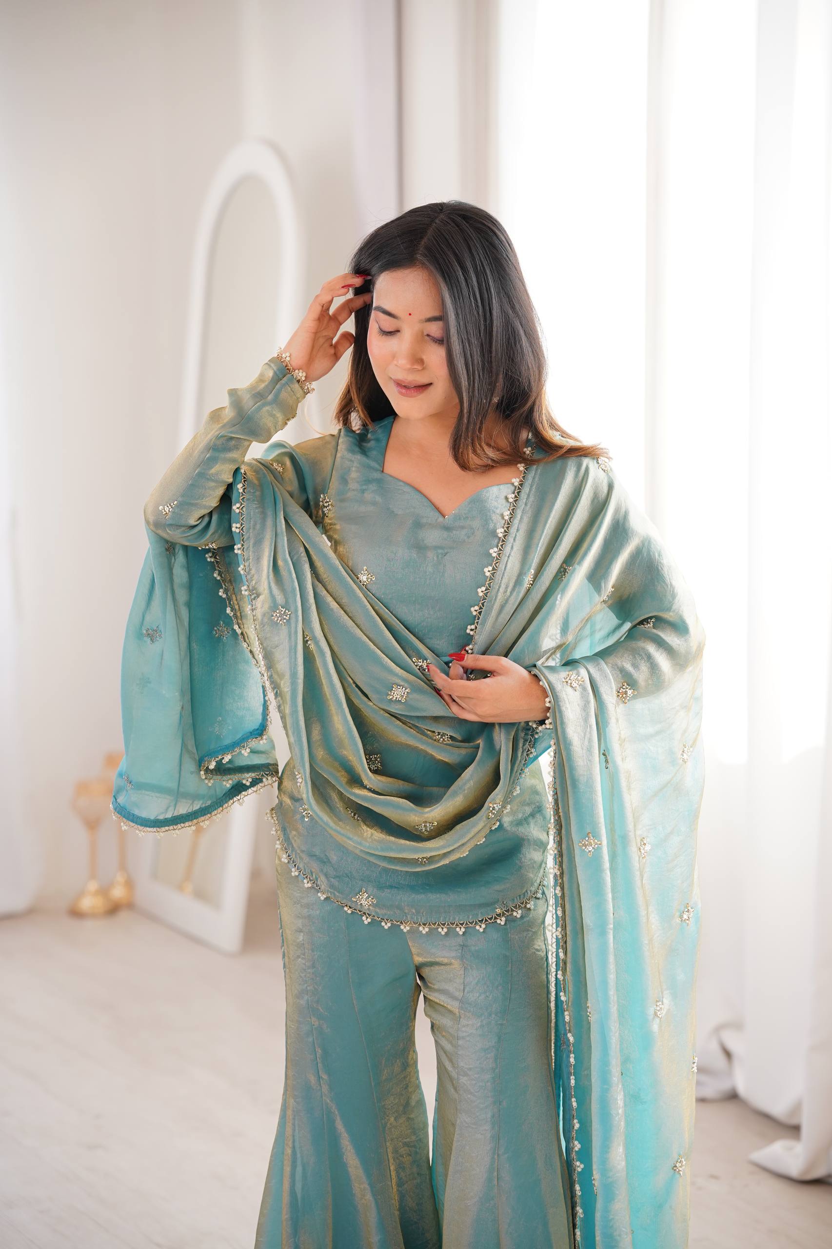 Festive Special Embroidered Fendy Silk Sharara Suit