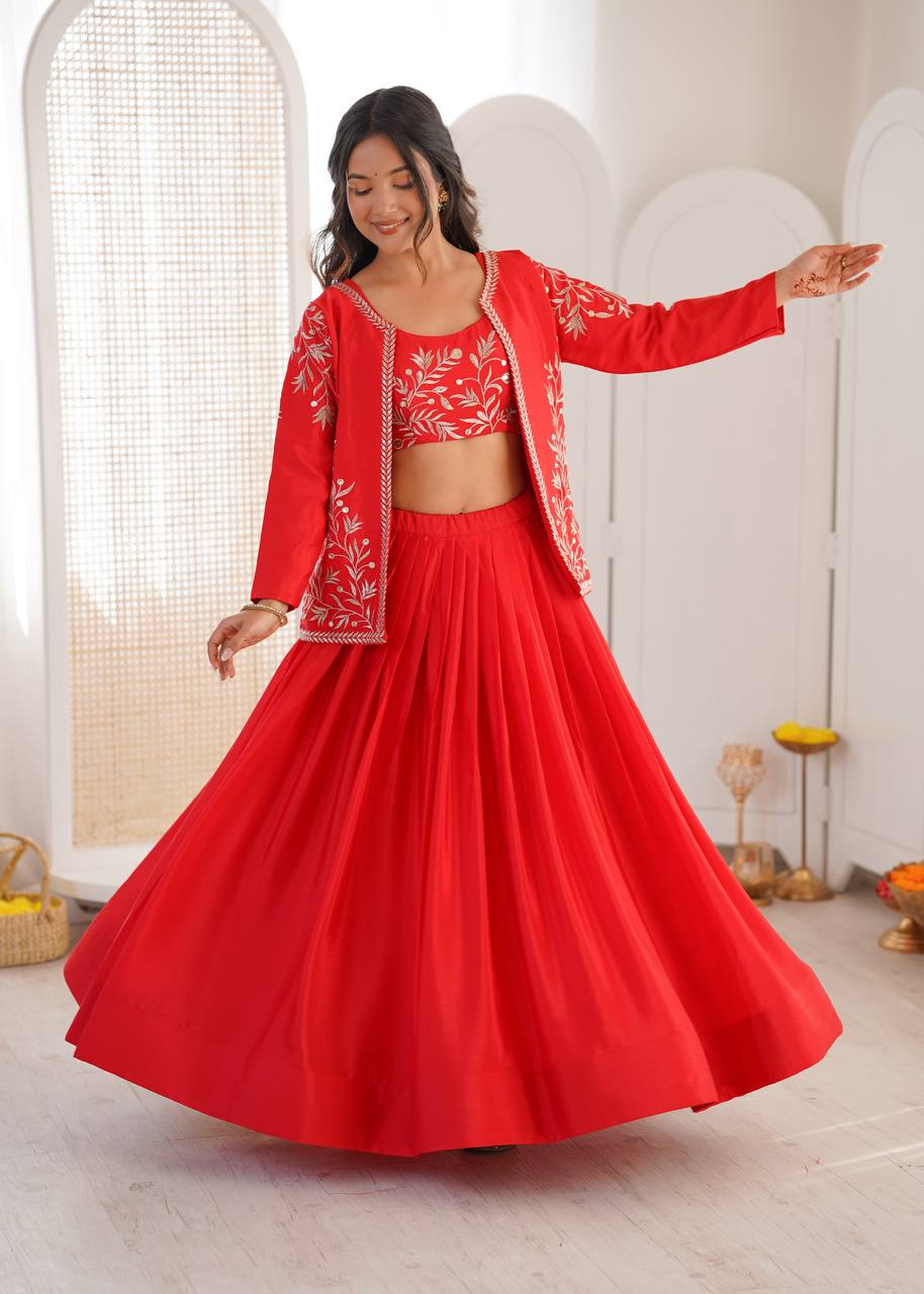 Red Colour Premium Heavy Chinon Silk Lehenga with Elegant Plain Finish