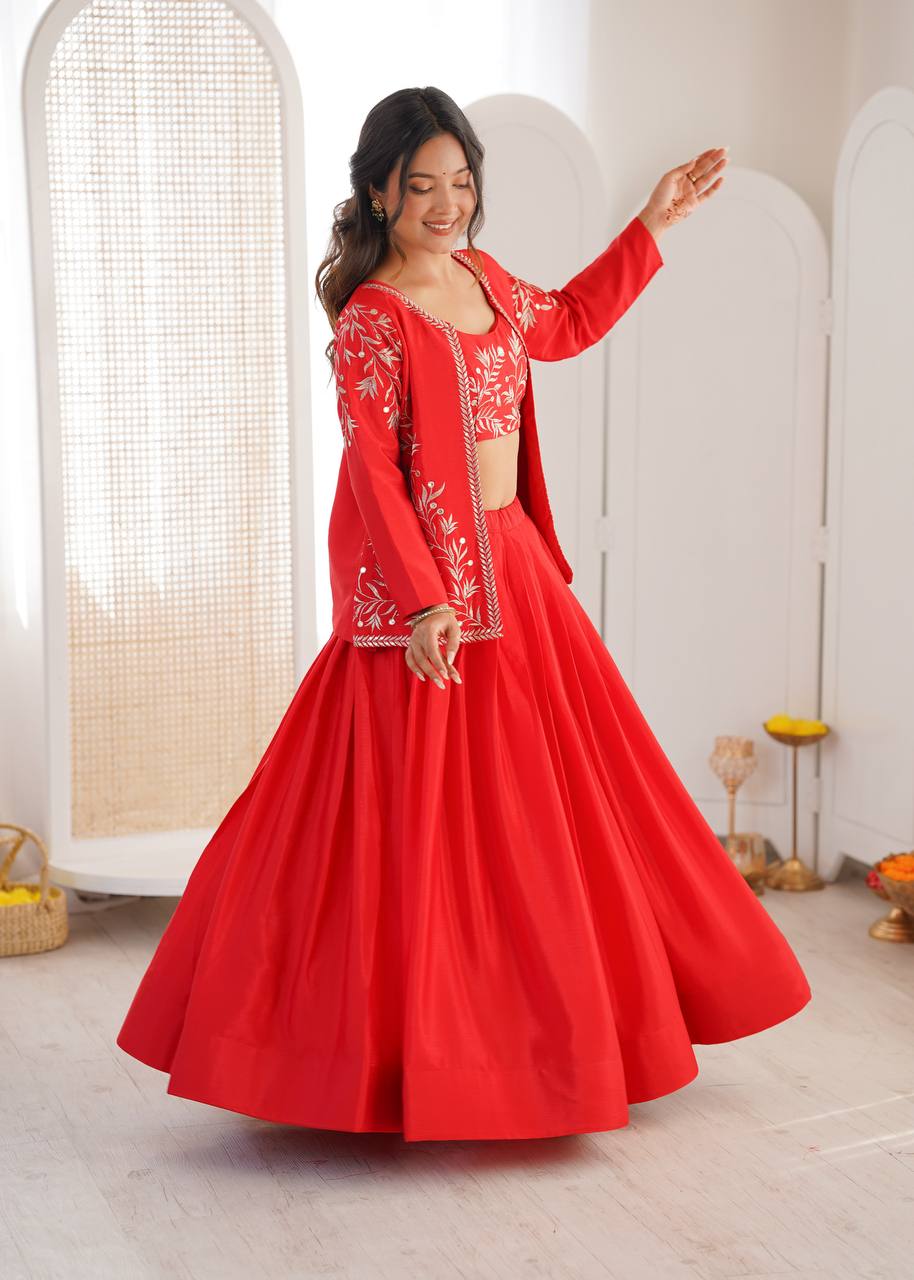 Red Colour Premium Heavy Chinon Silk Lehenga with Elegant Plain Finish