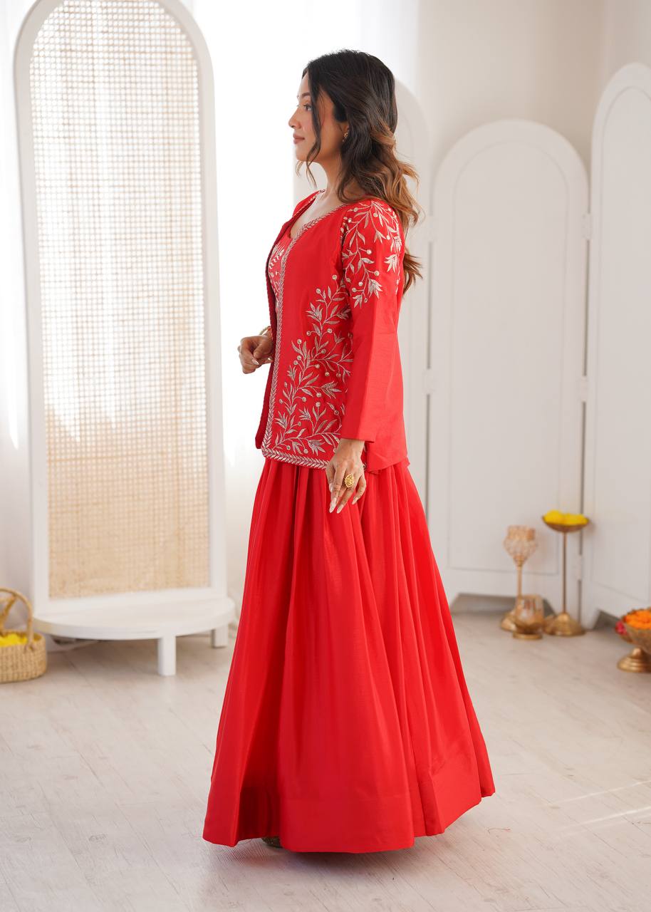 Red Colour Premium Heavy Chinon Silk Lehenga with Elegant Plain Finish
