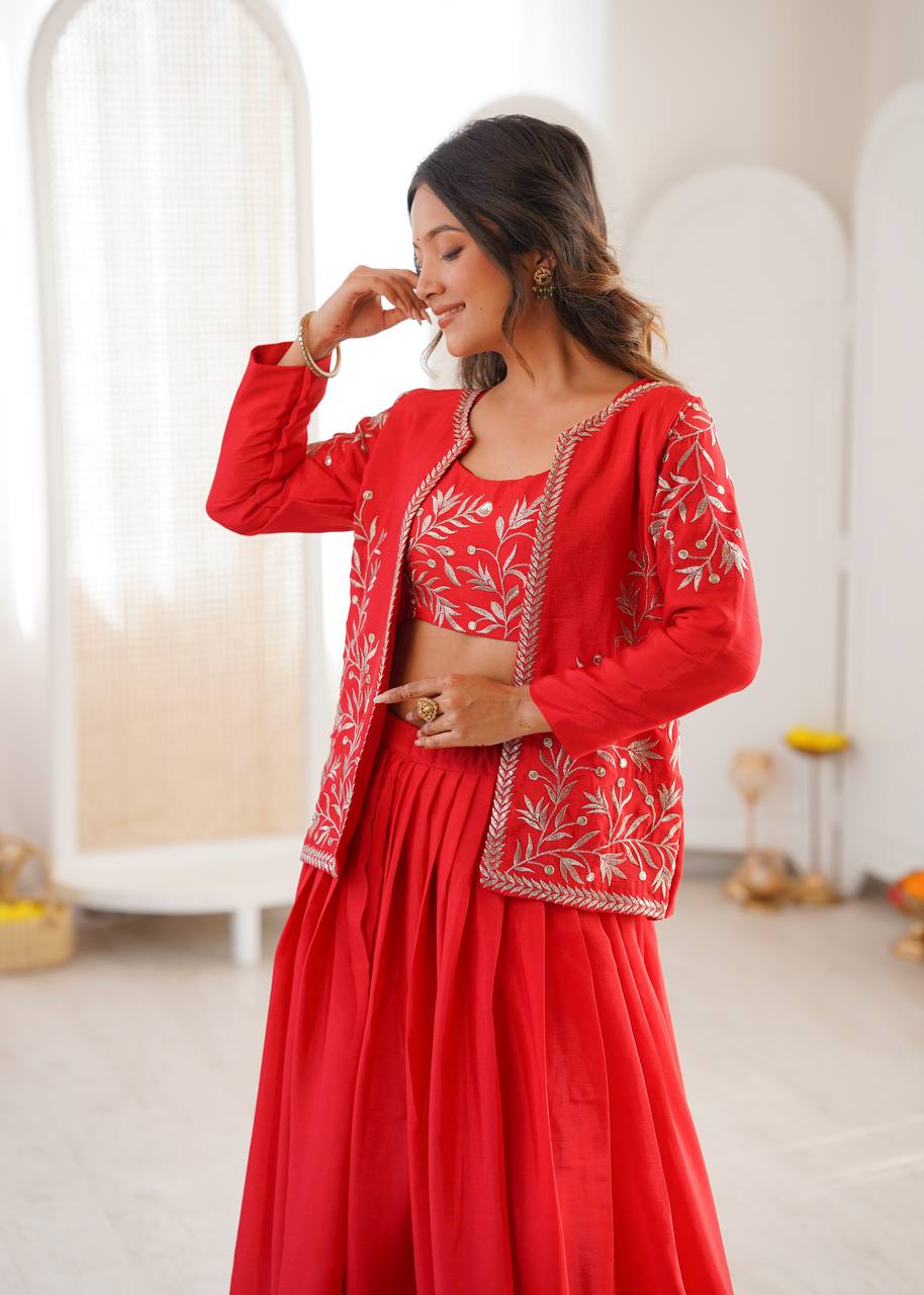 Red Colour Premium Heavy Chinon Silk Lehenga with Elegant Plain Finish