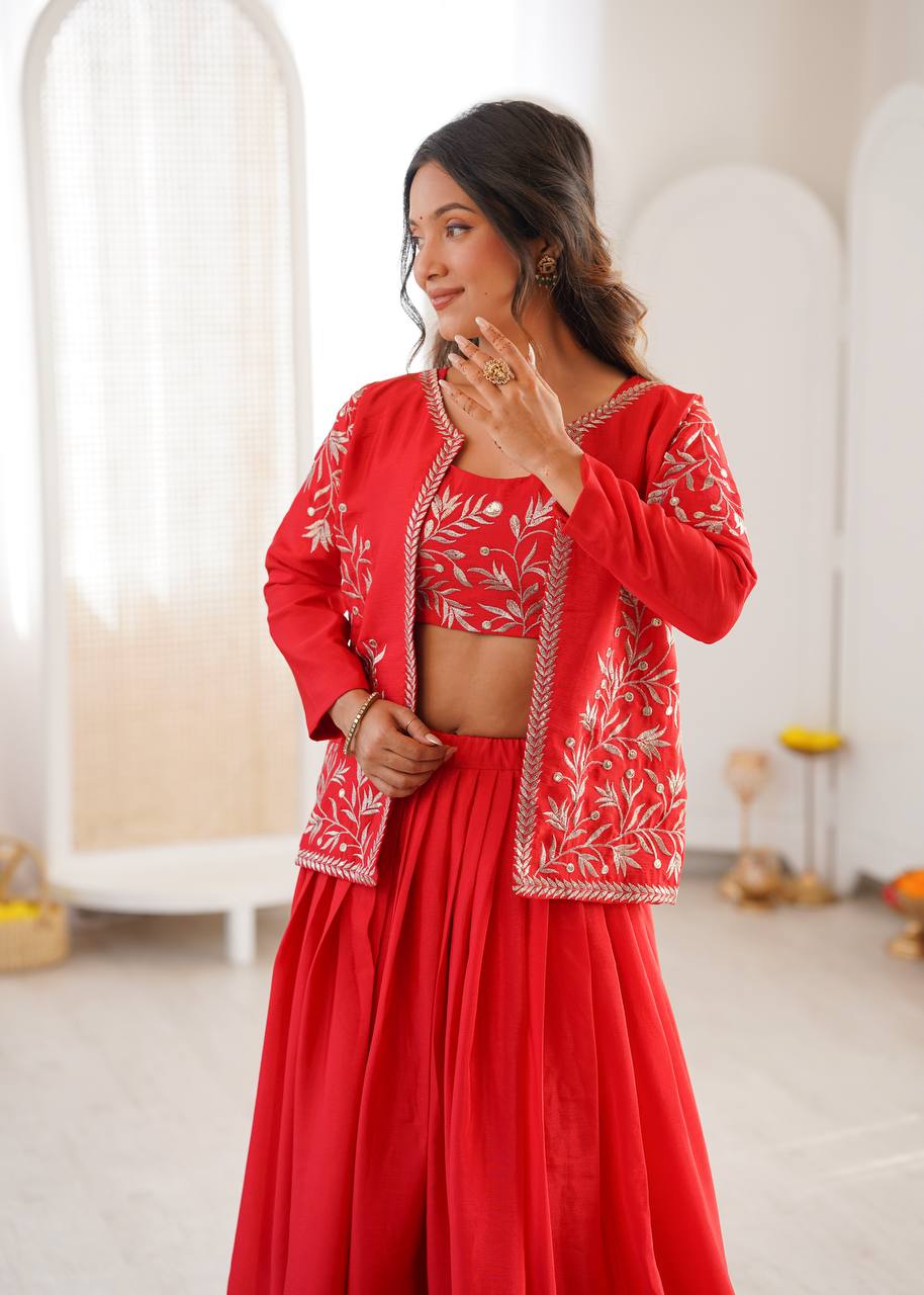 Red Colour Premium Heavy Chinon Silk Lehenga with Elegant Plain Finish