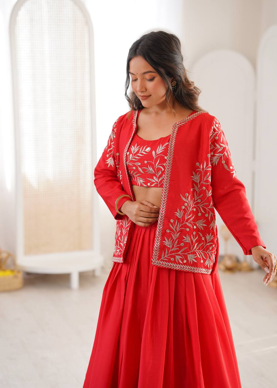 Red Colour Premium Heavy Chinon Silk Lehenga with Elegant Plain Finish