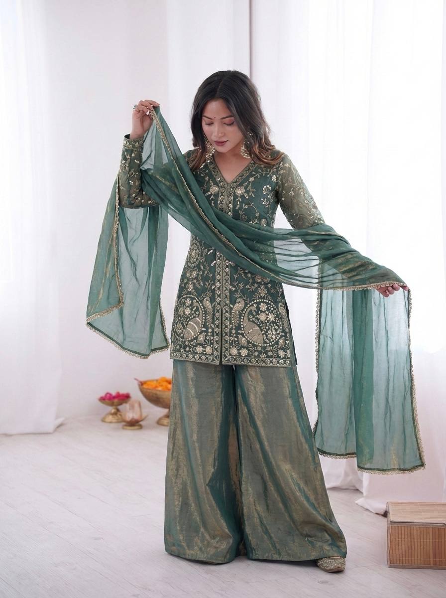 Royal Fendy Silk Embroidered Plazzo Suit Set