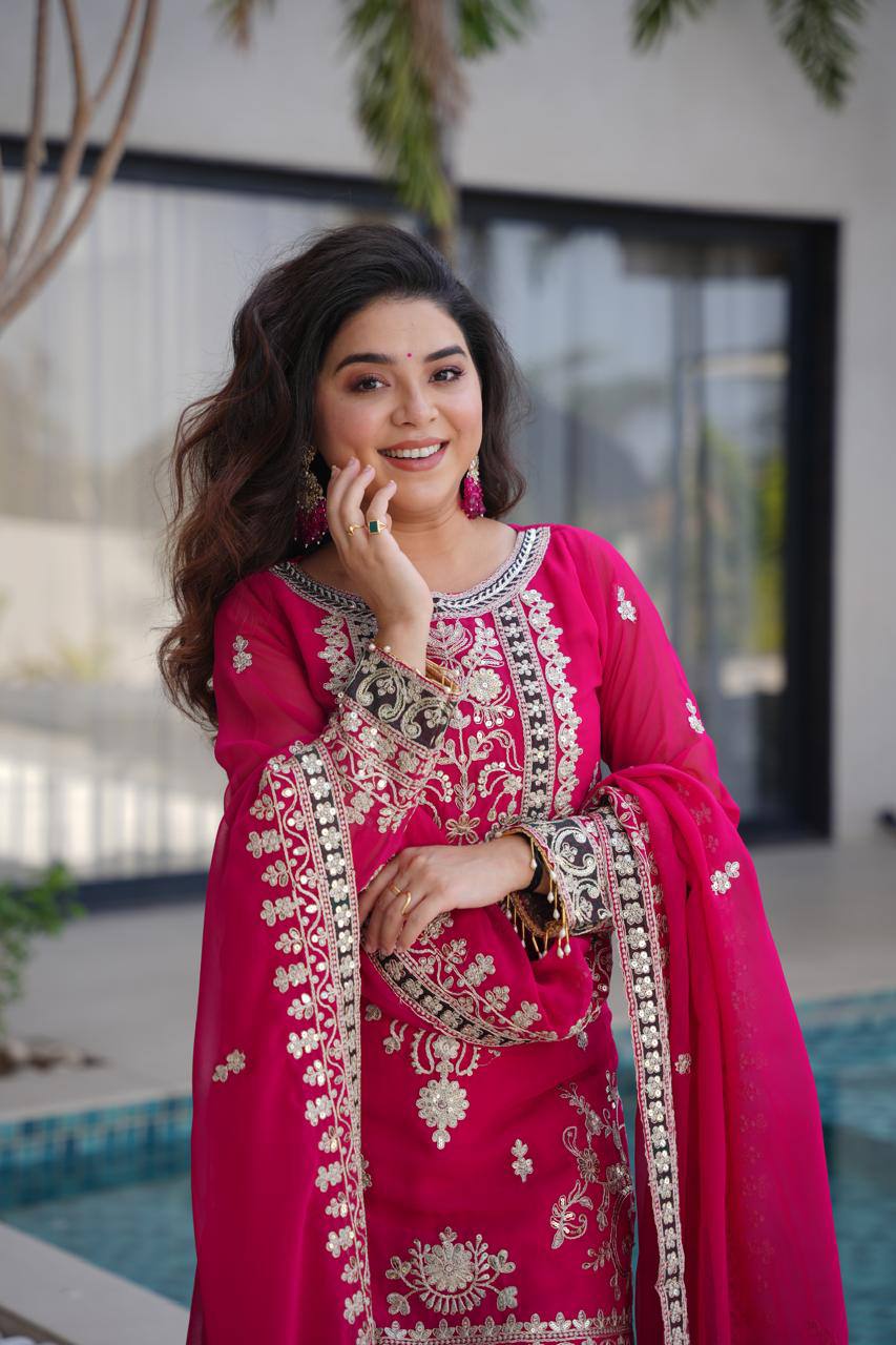 Rani Pink Royal Embroidered Kurta Palazzo Set with Dupatta