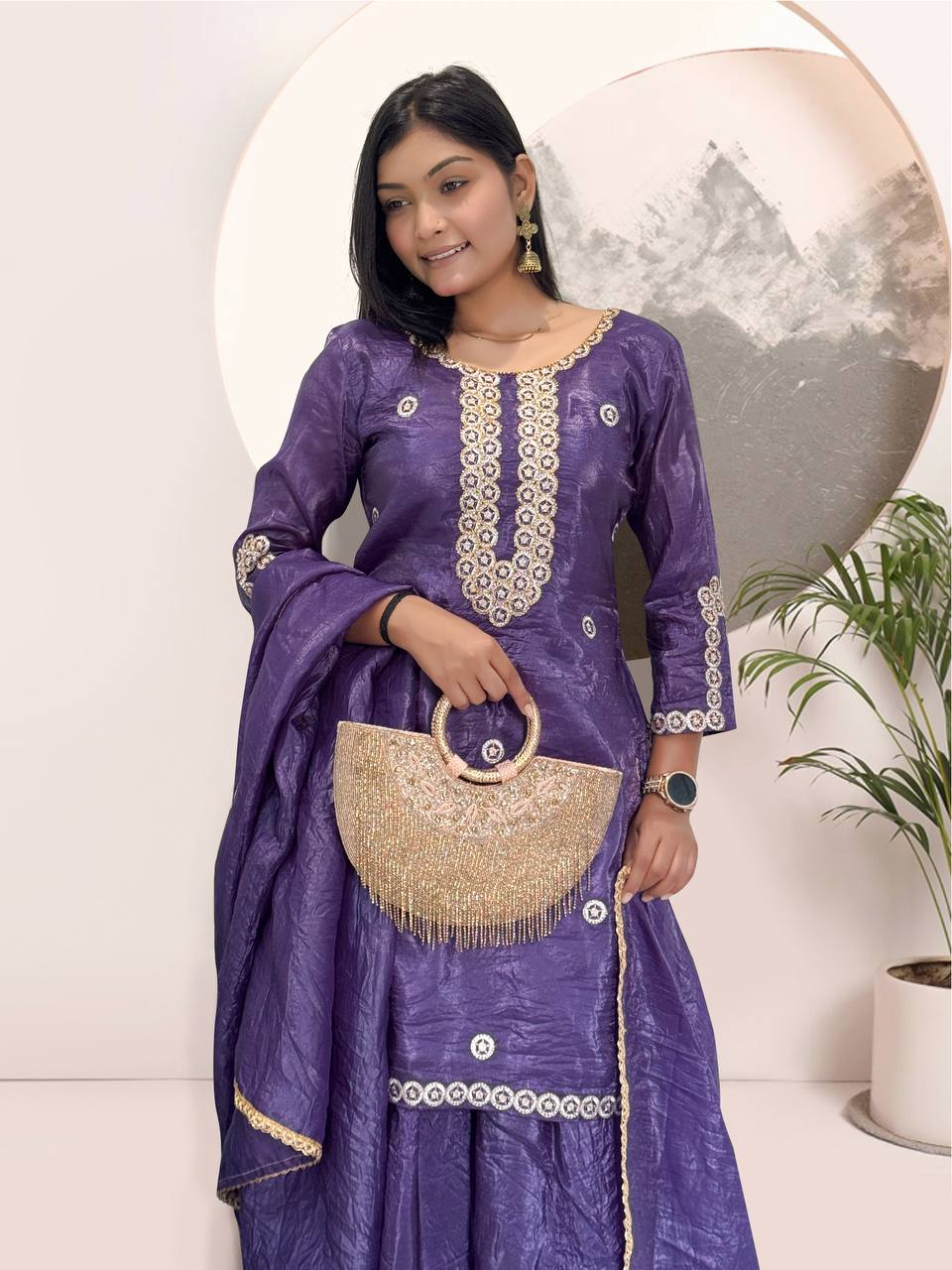 Zarmina Gold Crush Silk Designer Kurti Set with Dupatta