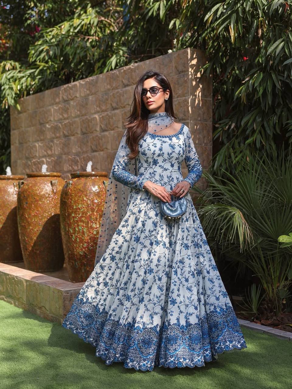 Premium Georgette Blue Floral Anarkali Gown