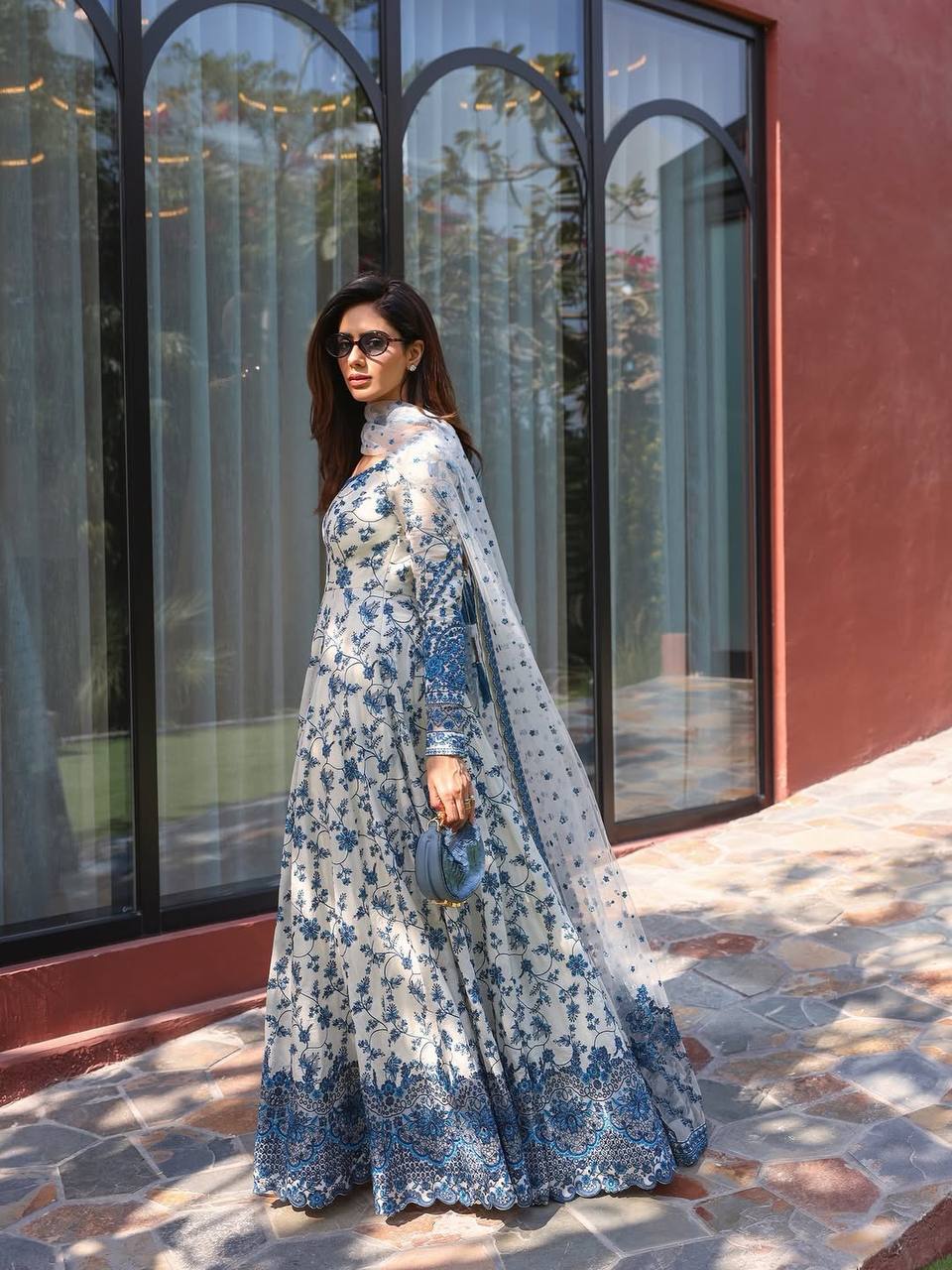 Premium Georgette Blue Floral Anarkali Gown